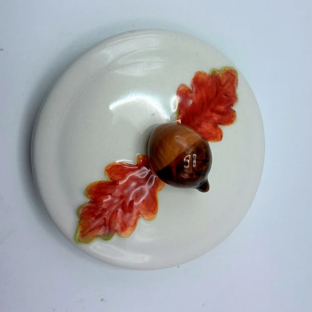 Ceramic Fall Canister 5.5in White Red Autumn Leaves Acorns Finial Lid